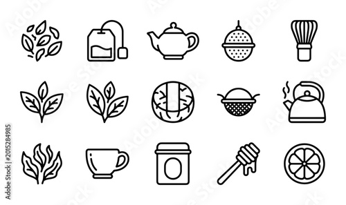 Tableau sur toile Minimalist tea ceremony line icons, 15 black tea brewing vector elements, organi