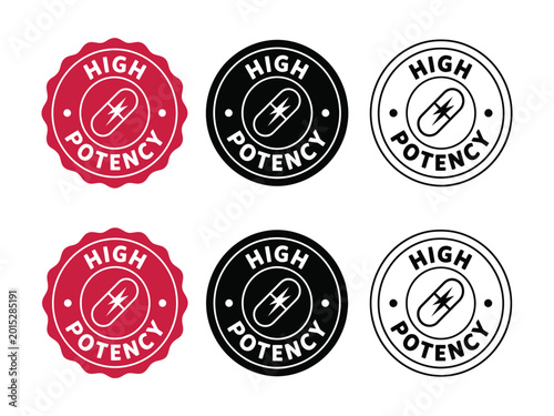 Foto High potency medicine stickers with pill and lightning bolt symbol in red black