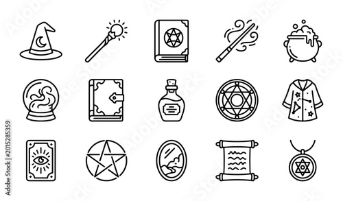 Canvas-taulu Magic Icons Set: Wizard Hat, Wand, Potion, Crystal Ball, Spellbook, Cauldron, Ta