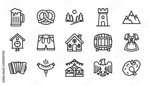 Tableau sur toile Bavarian Oktoberfest Icons: Beer Mug, Pretzel, Traditional Dress, Sausage, Accor