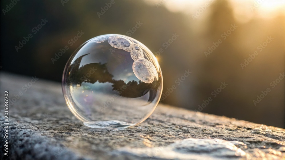 Fototapeta premium A clear soap bubble rests on a stone surface, reflecting sunlight and a blurred outdoor background during golden hour.