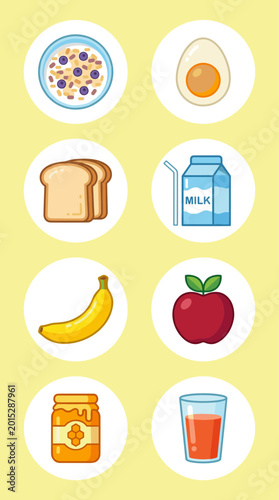 Healthy Breakfast Food Icons Set, Cereal, Egg, Bread, Milk, Fruit and Honey Vector Illustration Isolated on Yellow Background for Morning Nutrition