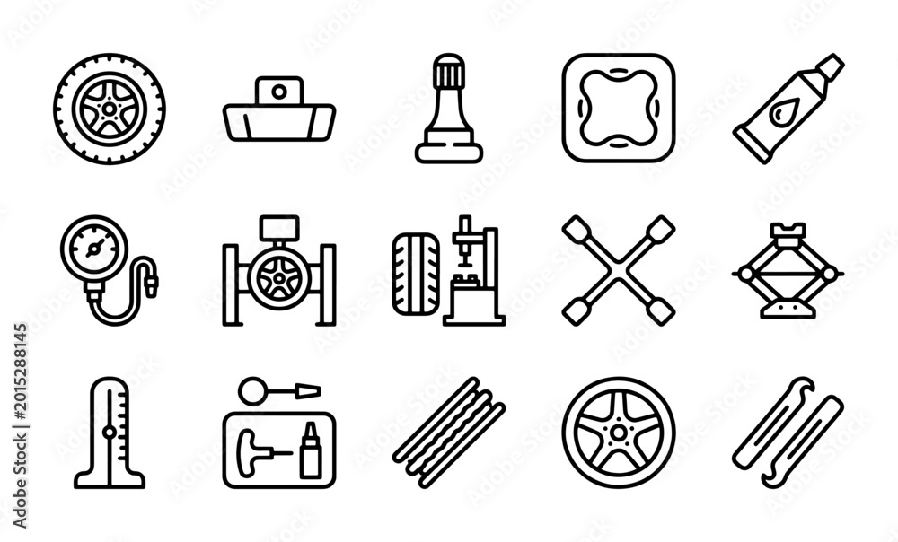 Obraz premium Car Tire Repair Icons Set, Automotive Service Tools, Vehicle Maintenance Vector Graphics