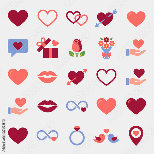 Valentine Love Heart Icon Set Red Hearts Outline Heart Gift Rose Flower Lips Cupid Arrow Romantic Flat Vector Illustration