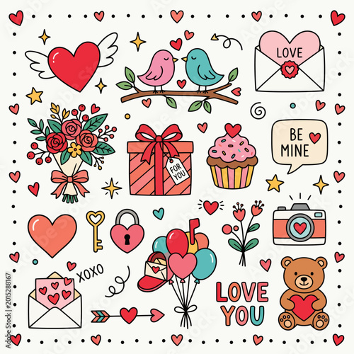 Valentine Day Love Birds Heart Wings Flowers Be Mine Envelope Cute Romantic Icon Set Doodle Style Festive Vector Clipart