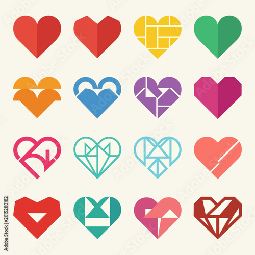 Colorful Heart Icon Collection Flat Design Red Yellow Green Blue Checker Pattern Geometric Hearts Love Valentine Vector Set
