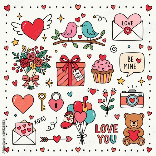 Cute Valentine Day Icon Set Love Birds Heart Flowers Gift Cupcake Camera Envelope Key Lock Bow Ribbon Romantic Vector