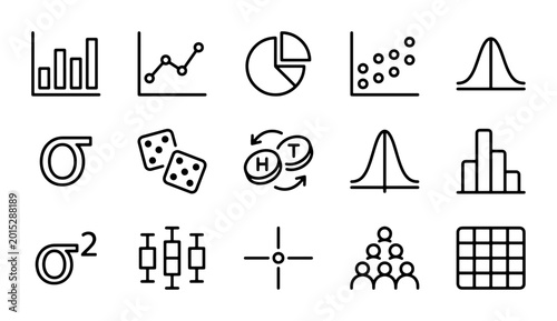 Photos Statistical Data Icons Set: Charts, Graphs, Dice, Probability, Analysis Vector G