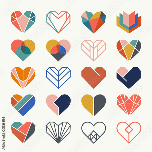 Colorful Geometric Low Poly Heart Icon Set Flat Design Abstract Polygon Hearts Blue Pink Orange Green Love Valentine Vector