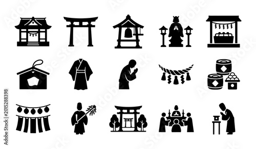 Photos Japanese Shinto Shrine Icons, Torii Gate & Ritual Elements, Sacred Temple Symbol