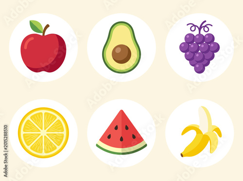 Fresh Organic Fruits and Healthy Vegan Food Icons Set, Vitamin Nutrition Symbols with Apple, Avocado, Grapes, Lemon, Watermelon and Banana Vector Art