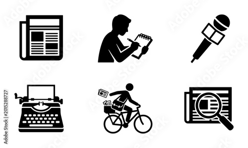 Quadro su tela Journalism Icons Set: Newspaper, Reporter, Microphone, Typewriter, Newsboy, Rese