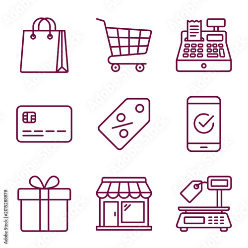Shopping and Retail Commerce Icons Set, Online Business and Payment Symbols, Bag Cart Register Credit Card and Store Vector Elements Design