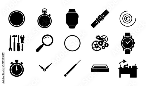 Картината върху платно Watchmaking Icons Set, Timepiece Repair Tools, Mechanical Gears, Stopwatch, Magn