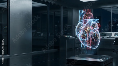 Advanced cardiovascular hologram displaying transparent human heart with futuristic healthcare monitoring system