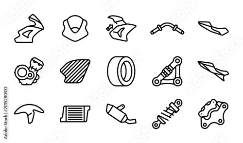Motorcycle Parts Icons, Vector Set: Engine, Exhaust, Suspension, Wheels, Bodywork