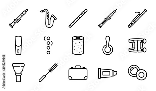 Schilderij op canvas Woodwind Instrument Icons, Music Accessories Set, Vector Graphics for Musicians