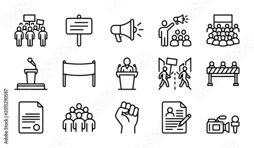Photography Protest Icons Set, Demonstration Symbols, Social Activism Graphics, Political Ga