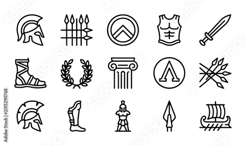 Quadro su tela Ancient Greek Warrior Icons, Spartan Helmet, Sword, Shield, Spear, Column, Ship,