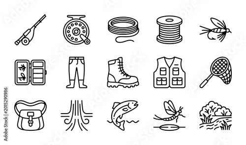 Photos Fishing Gear Icons Set: Rod, Reel, Lures, Vest, Boots, Net, Tackle Box, Fly, Fis