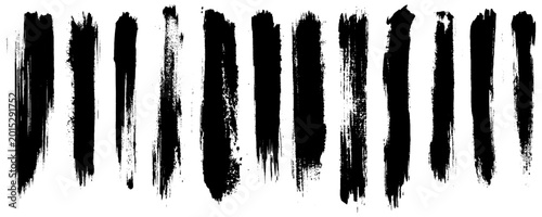 Obraz na płótnie Set of vertical black ink brush strokes with dry brush texture illustration