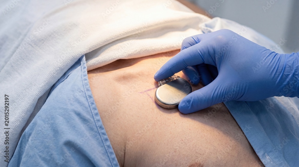 Fototapeta premium A medical professional in blue gloves applies a monitoring device to a patient's abdomen. The patient is covered with a white sheet and wearing a blue gown.