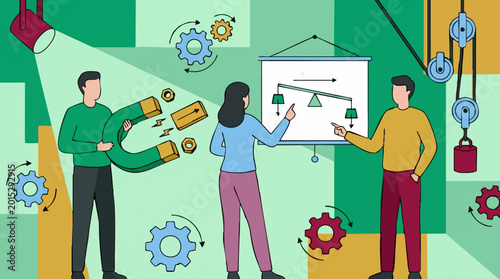 Tableau sur toile Team Analyzing Business Strategy and Mechanical Adjustments for Optimization