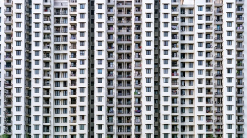 Large residential apartment building with repetitive balconies and windows representing urban density, modern housing development, city architecture and crowded metropolitan living concept