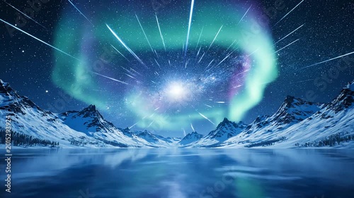 Stunning aurora borealis display over snowcapped mountains and frozen lake