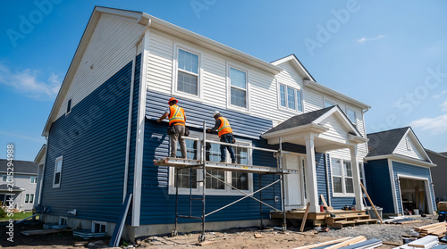 Construction workers installing vinyl siding on new residential house