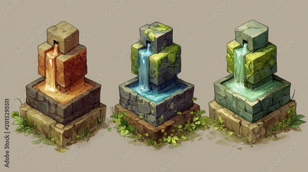 Obraz premium Decorative isometric stone fountains for gardens and squares.