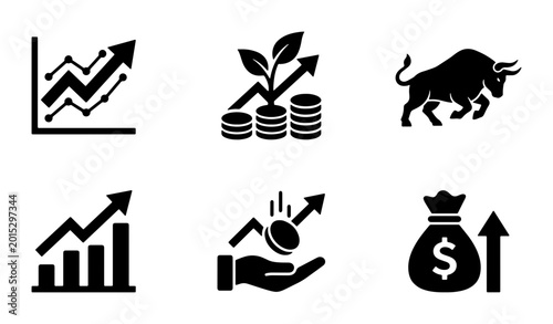 Fotografi Financial Growth Icons: Bull Market, Investment, Profit, and Stock Charts Set, V