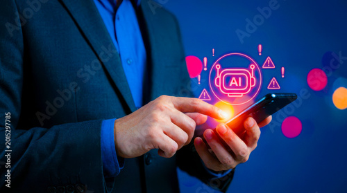 Businessman using smartphone with artificial intelligence interface graphics