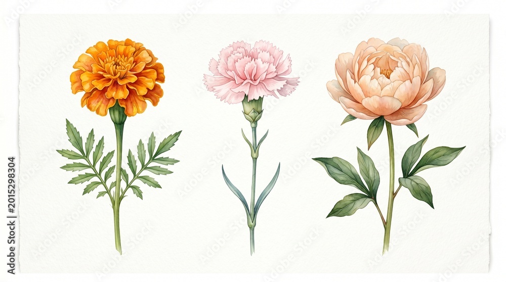 Obraz premium Vibrant watercolor flowers marigold carnation and peony