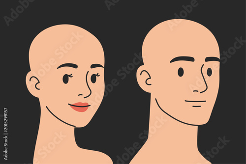 Photos Bald head woman and man cartoon side face clipart characters with skin lips outl