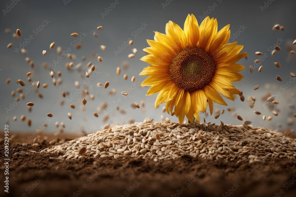 Fototapeta premium Sunflower with grains and seeds flying in air on pile of cereal, agriculture concept with harvest and natural food production in farm environment under blue sky.