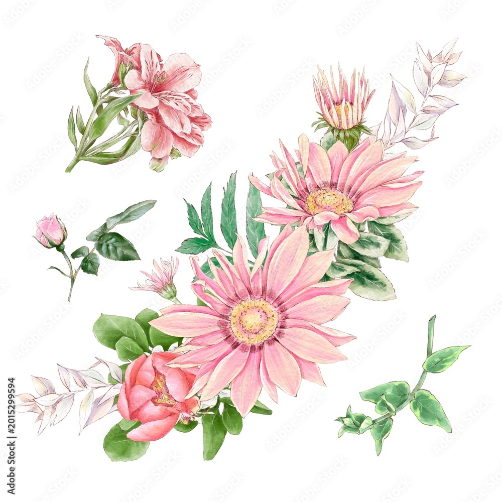 Obraz premium Watercolor illustration of a bouquet of delicate daisy and other flowers, hand-drawn.
