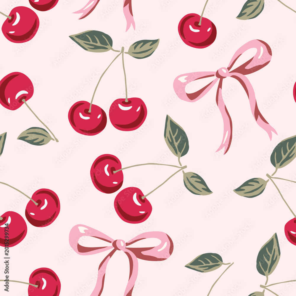 Naklejka premium Red cherry fruits, green leaves, pink bows, blush background. Vector floral illustration. Seamless pattern. Summer garden