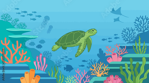 Marine Life Harmony: An artistic rendition of an aquatic ecosystem, portraying a turtle gliding through clear waters, encircled by coral and diverse marine life.