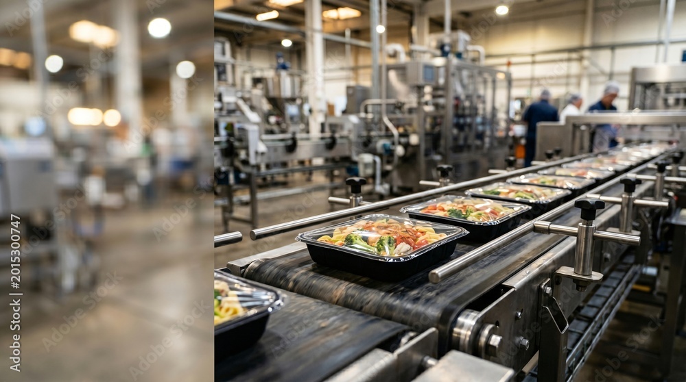 Fototapeta premium Prepared food containers moving along a production line in a factory Food production