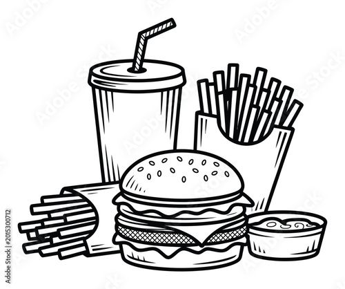 Fast Food Vector Illustration with Burger, Fries and Drink