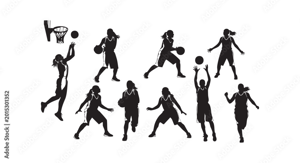 Fototapeta premium Group of female basketball player silhouettes performing various sports actions on court with hoop and ball elements.