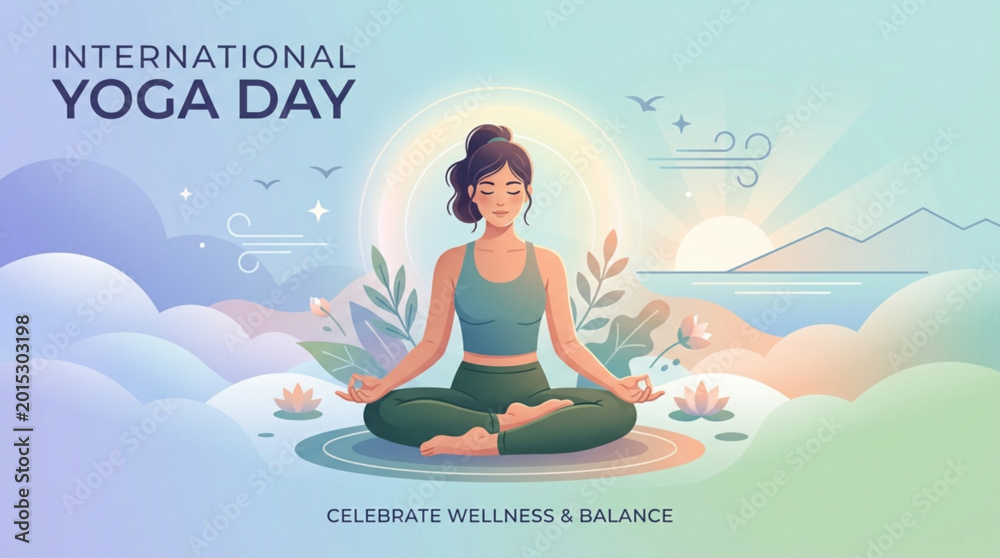 Obraz premium Woman meditating in nature during sunrise celebrating wellness and balance on international yoga day serene mountains and clouds in background flat vector illustration style