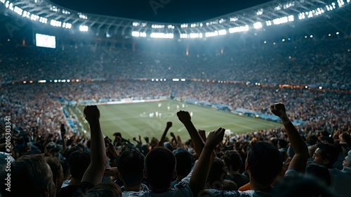 Crowd of fans raising fists and celebrating during a thrilling soccer match in a large, brightly lit stadium, creating an atmosphere of excitement and unity