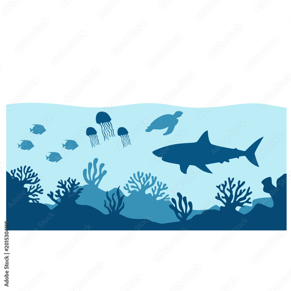 Fototapeta premium Underwater Ocean Sealife Silhouette. Vector Isolated