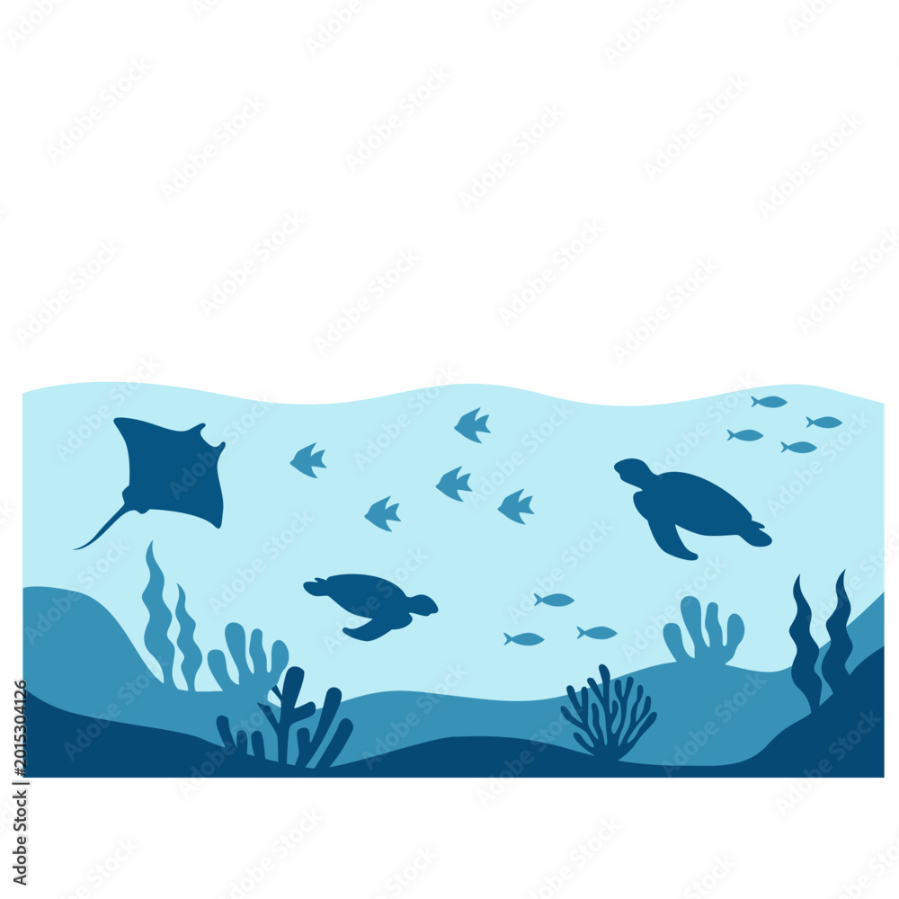 Naklejka premium Underwater Ocean Sealife Silhouette. Vector Isolated