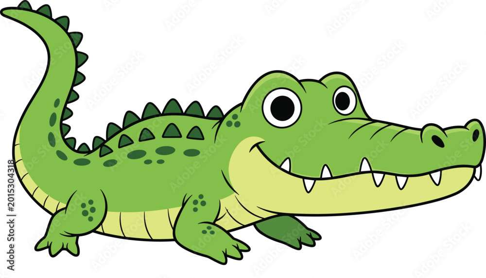 Fototapeta premium Cute green crocodile cartoon character smiling with big eyes, friendly alligator animal illustration isolated on white background