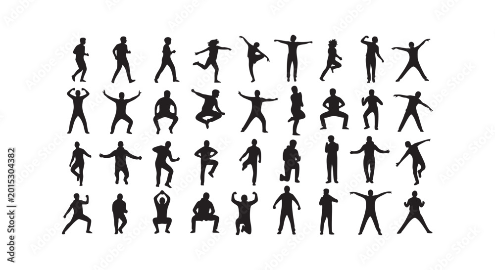 Fototapeta premium Set of black silhouettes featuring various poses of men standing jumping running exercising performing yoga motions.