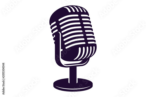 Vintage microphone on stand in minimalist white background, illustration