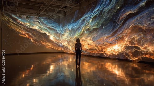 Woman Viewing Immersive Cosmic Nebula Digital Projection in Modern Art Gallery, Interactive Celestial Visual Installation Experience